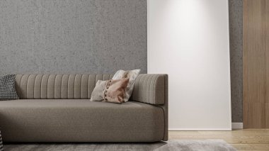 Beyaz bir kanepe, bej bir battaniye ve yastıklar. Oturma odası arka planı. Minimalist İskandinav iç mekanının samimi havası.