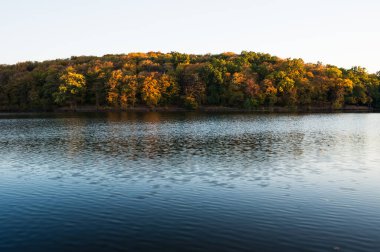 Ormanlı gölün kıyısındaki son güneş ışınları. Güzel manzaralı panoramik sonbahar manzarası. Altın saat. Kart, duvar kağıdı