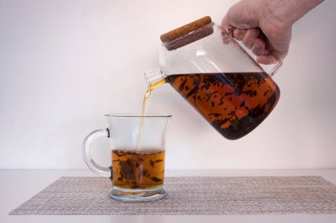 Çay fincanının içine siyah ya da kırmızı çay yapraklı bir çaydanlıktan akan sıcak su..