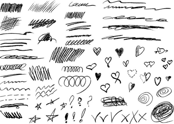 Various black shapes and lines on a white isolated background, hand drawn doodles, stars, hearts. Set with hand drawn pencil scribble on white background, top view