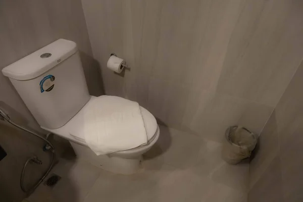 トイレ付きのバスルームで 快適で新鮮なアメニティを提供するトーンで装飾されています このアパートに滞在するゲストの宿泊施設 — ストック写真