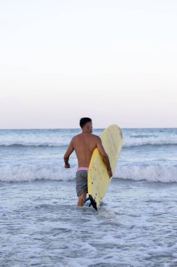 Deniz kıyısında sörf tahtası olan sörfçü.