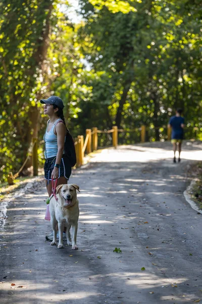 Ormanda köpeği gezdiren kız.