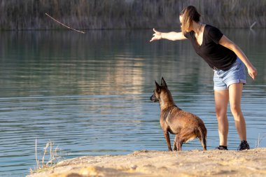 Kız göldeki köpeğe sopa fırlatıyor.