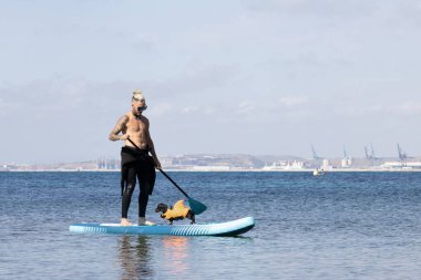 Yüzme köpek şortu giymiş bir köpekle sörf yapan bir adam..