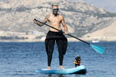 Yüzme köpek şortu giymiş bir köpekle sörf yapan bir adam..