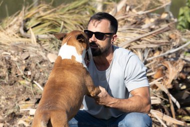 Boğa teriyer köpeğiyle oynayan adam..