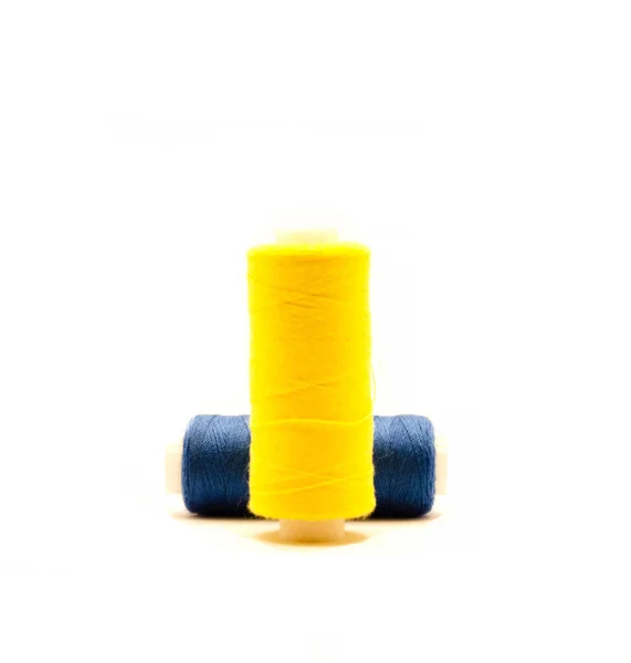 Blue Yellow Spools Thread White Background Ukrainian Motif — Stock Photo, Image