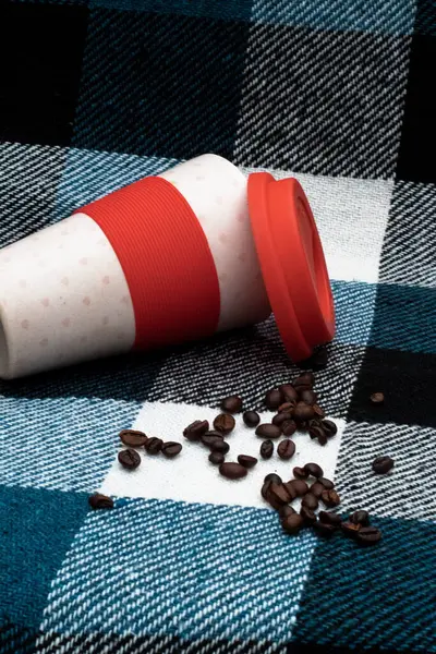 Red White Cup Red Lid Spliid Coffee Breans Checkered Plaid — Φωτογραφία Αρχείου