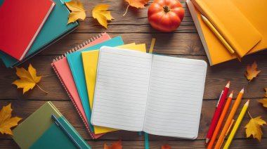 Renkli defterler ve kalemler, sonbahar yaprakları ve küçük bir balkabağının yanında sade ahşap bir masa üzerine dizilir.