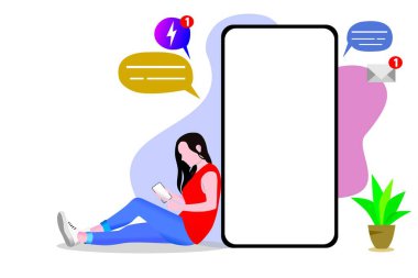 Beyaz arka planda boş ekranı olan büyük bir cep telefonunun yanında oturan bir kız. Düz vektör illüstrasyon tasarımı