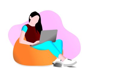 Dizüstü bilgisayar kullanarak yerde oturan genç bir kadın karakter izole edilmiş arka planda, Vektör çizimi, düz tasarım