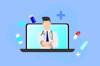Çevrimiçi tanı. Doktor hatta. Çevrimiçi tıbbi danışmanlık ve destek konsepti. Sağlık hizmetleri. Doktoruna sor. Dizüstü bilgisayarında steteskobu olan bir erkek karakter. Vektör illüstrasyonu