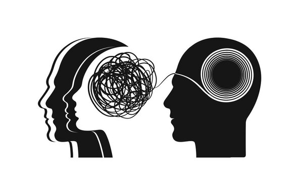 Концепция психотерапии изображается через силуэт двух человеческих голов, представляющих исцеление психического здоровья через сеансы психотерапии.