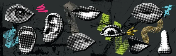 Kolaj vektör illüstrasyon grunge afişi. Noktalı punk yarım ton kolaj elementleri. Dudaklar, gözler, kulaklar, burun, retro posterdeki karalama elemanları gibi. Modern reklam tasarımı.