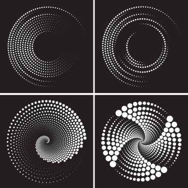 Yuvarlak şekilli beyaz noktalar. Geometrik sanat. Kenar çerçeve, logo ve dövme için tasarım elemanı. Dönüşümlü bölünmüş daire. Yayılan yay çizgileri