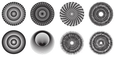 Farklı boyutlarda siyah spiral çizgiler. çerçeveler, logolar, dövmeler ve web sayfaları için optik geometrik sanat tasarım elementleri. Beyaz arkaplanda izole edilmiş soyut bir vektör illüstrasyonu