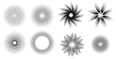 Çember biçiminde çizgiler. Spiral Vektör İllüstrasyonu. Yuvarlak Logo koleksiyonu. Tasarım elemanı. Soyut Geometrik dairesel şekiller. Dönen radyal çizgiler koleksiyonu. Eşmerkezli çemberler