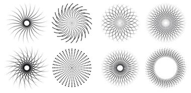 Çember biçiminde çizgiler. Spiral Vektör İllüstrasyonu. Yuvarlak Logo koleksiyonu. Tasarım elemanı. Soyut Geometrik dairesel şekiller. Dönen radyal çizgiler koleksiyonu. Eşmerkezli çemberler