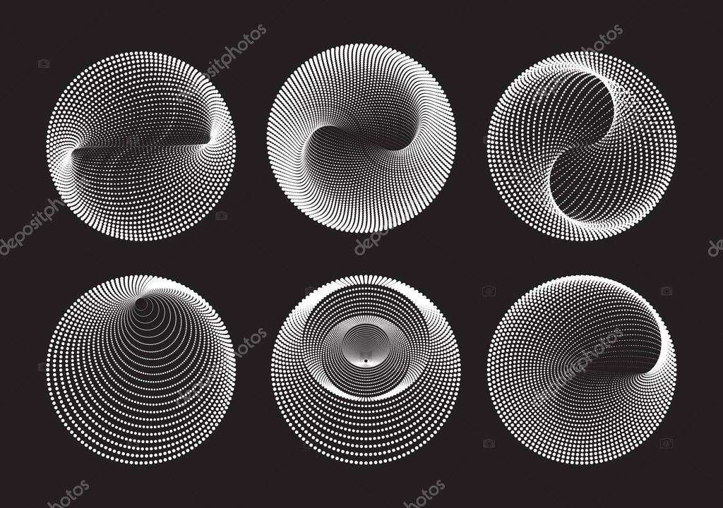 Set of abstract round 3D spheres. Scientific and technical frame illustration. Dotted spot vector design elements. Perfect for Logo, Banner, and Icon.