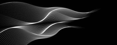 Soyut bir vektör illüstrasyonu, dinamik parçacık dalgaları yarım ton eğiminde siyah bir arkaplan üzerinde akıcı bir nokta eğrisi oluşturur, somutlaştırıcı teknoloji, ses, müzik ve çağdaş estetik.
