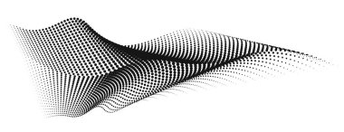 Şeffaf arkaplanda izole edilmiş, dalgalı nokta parçacıkları dalga dalga yarım ton siyah gradyan düz eğri şekli soyut bir vektör çizimi. Teknoloji, bilim, müzik ve modern için ideal.