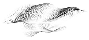 Soyut bir vektör illüstrasyonu, dinamik parçacık dalgaları yarım tonluk bir gradyan, beyaz bir arkaplan, somutlaştırıcı teknoloji, ses, müzik ve modern estetiğe karşı akan bir nokta eğrisi oluşturur.