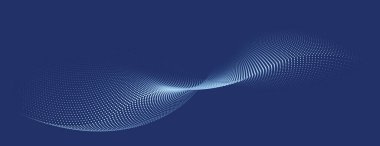 Bir soyut vektör illüstrasyonu, mavi bir arkaplan üzerinde akan nokta parçacıkları tarafından oluşturulan 3D eğri, teknoloji temalı bir ambiyansı çağrıştırmak için tasarlanmıştır.