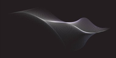 Soyut bir vektör illüstrasyonu, dinamik parçacık dalgaları yarım ton eğiminde siyah bir arkaplan üzerinde akıcı bir nokta eğrisi oluşturur, somutlaştırıcı teknoloji, ses, müzik ve çağdaş estetik.