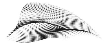Soyut bir vektör illüstrasyonu, dinamik parçacık dalgaları yarım tonluk bir gradyan, beyaz bir arkaplan, somutlaştırıcı teknoloji, ses, müzik ve modern estetiğe karşı akan bir nokta eğrisi oluşturur..