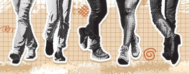 Kolaj vektörü illüstrasyon grunge flaması, yürüyen bir grup genç bireyin ayak izlerine yakın çekim, fitness için yürürken ilerliyorlar..