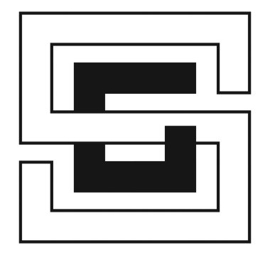 Kare biçiminde SG harfleriyle bir logo oluştur, katı ve ana hatları çizilmiş elementler kullanarak, siyah-beyaz renk şeması şeklinde sunulsun.