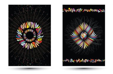 Color Symphony: Kaleidoscopic Geometric Flower Shapes and Concentric Abstract Symmetrical Patterns with Tunnel and Ripple Effects on dark background. clipart