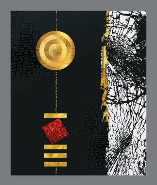 Altın siyah ve kırmızı soyut vektör çizimi: modern minimalist duvar sanat kompozisyonu, geometrik şekiller daireler, kareler ve çizgiler tasarımı