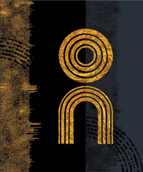 Altın ve siyah soyut vektör çizimi: modern minimalist duvar sanat kompozisyonu, geometrik şekiller, daireler, kare çizgiler tasarımı