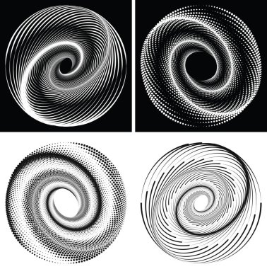 Bir vektör illüstrasyonunda siyah arkaplana karşı renkli noktalardan oluşan geometrik bir sarmal bulunur. Bu şık tasarım ögesi çerçeve, dairesel simgeler, işaret ve semboller için uygundur.