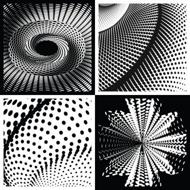 Bir vektör illüstrasyonunda siyah arkaplana karşı renkli noktalardan oluşan geometrik bir sarmal bulunur. Bu şık tasarım ögesi çerçeve, dairesel simgeler, işaret ve semboller için uygundur.