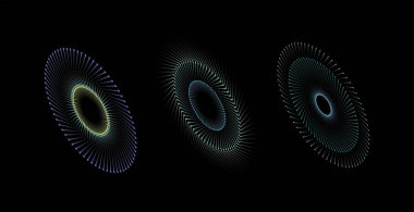 Keskin vektör çizgili üç renkli eliptik disk seti. Konsantrasyon çemberi. sarmal, girdap, dönme elementi. Dairesel ve dairesel çizgiler sarmal
