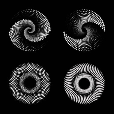 Arkaplanda spiral noktalar ve çizgiler tasarla. Dairesel soyut tek renkli bir arkaplan. Vektör-sanat çizimi. Gradyan yok, çerçeve için moda tasarım ögesi, yuvarlak logo, işaret, sembol, ağ