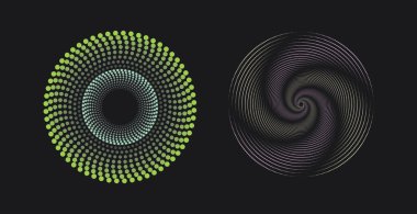 Teknolojik temalı bir logo, tasarım veya amblemin grafik tasarımı için dairesel sarmal şekilli vektör illüstrasyonunda renkli çizgiler kümesi.