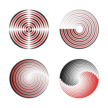 A set of red and black lines in a circular, spiral-shape vector illustration for graphic designing of a round logo, design, or emblem with a technological theme. clipart