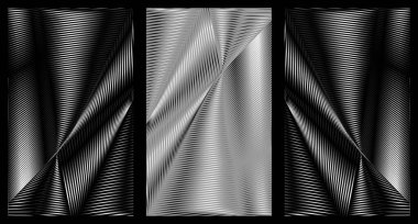 An illustration of a silver metal abstract design set against a dark background with diagonal lines. The graphic features a monochrome retro line pattern created using gradient vectors clipart