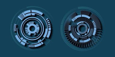 Yüksek teknoloji iletişim konsepti, teknoloji soyut gelecek çemberleri koyu mavi arka plan, iletişim ve yenilik siber konsept vektör çizimi için HUD baş ekran arayüzü