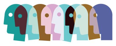 Bir vektör grafiği, farklı renkte başlıkları üst üste binen bir dizi kişiliği gösterir, bir ruh hali ve duygu spektrumları oluşturur..