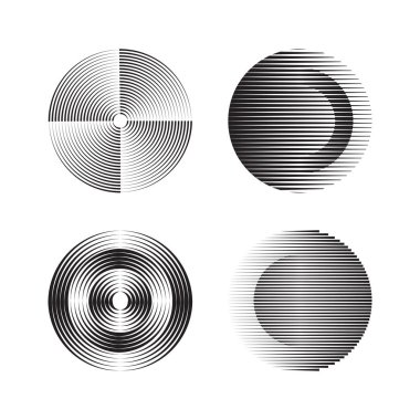 Geometrik yuvarlak formda bir vektör illüstrasyon yarım ton etki çizgisi kümesi. Güneş logosu. Retro hız çizgileri deseni. Yuvarlak girdap ve eğri hareketi, spiral modern semboller