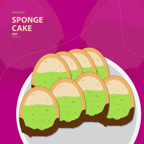 8月23日的全国海绵蛋糕日 将一些海绵蛋糕片放在盘子里 并在粉红的背景下进行文字分离 以纪念和庆祝全国海绵蛋糕日 — 图库矢量图片