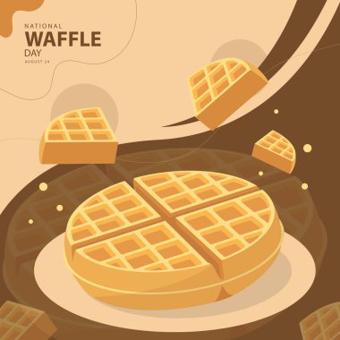 Ulusal Waffle Günü, 24 Ağustos, vektör illüstrasyonlu, dilimlenmiş wafflelarla ve soyut arka planda izole edilmiş bir şekilde Ulusal Waffle Günü 'nü kutlamak ve kutlamak için. Poster vs. için uygun
