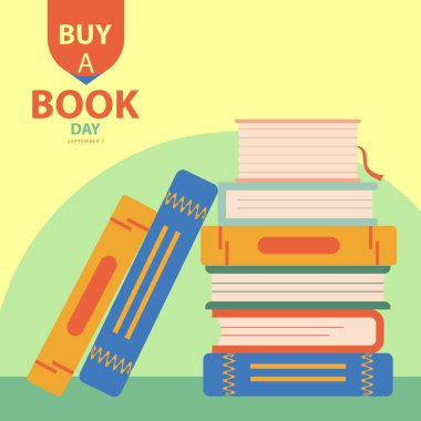 7 Eylül 'de, konsept vektör illüstrasyonuyla birlikte bir kitap günü satın alın ve bir kitap gününü anmak ve kutlamak için soyut arka planda çeşitli kitaplar derlendi ve metinler izole edildi..