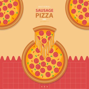 11 Ekim 'de Ulusal Sosisli Pizza Günü' nde, sosisli pizza vektör illüstrasyonu ve soyut arkaplanda izole edilmiş bir yazı ile Ulusal Sosisli Pizza Günü 'nü kutlamak için.. 