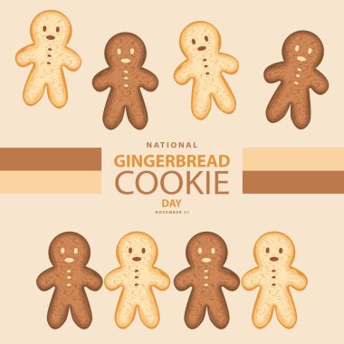 21 Kasım 'da Ulusal Zencefilli Kurabiye Günü, Ulusal Zencefilli Kurabiye Günü' nü anmak ve kutlamak için soyut arkaplanda bazı zencefilli kurabiye vektör ilüstrasyonları ve metinler izole edilmiştir..